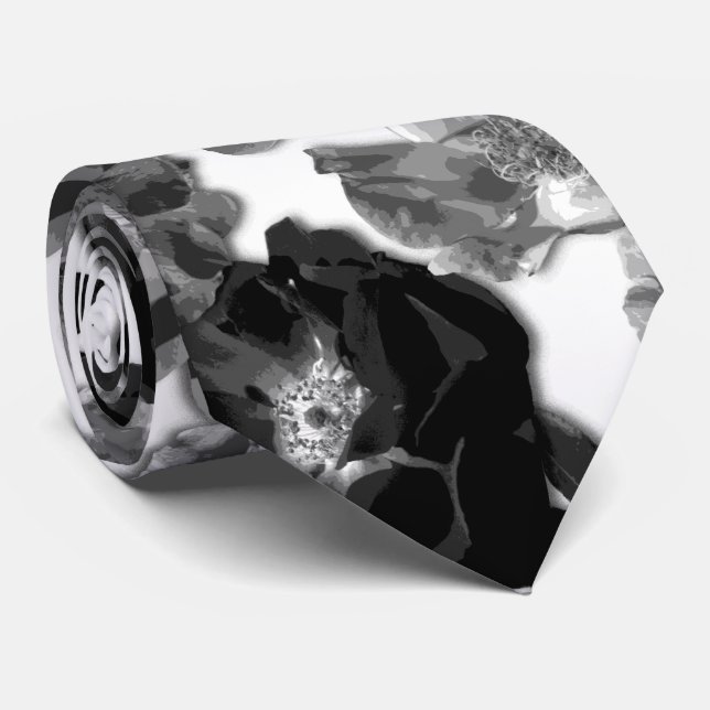 Black and White Large Bloom Roses Neck Tie (Rolled)