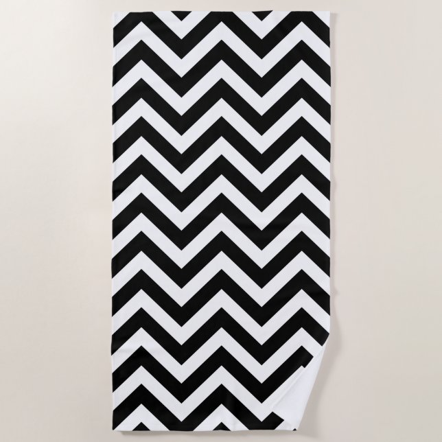 Black and White Large Size Chevron Stripes Beach Towel (Front)