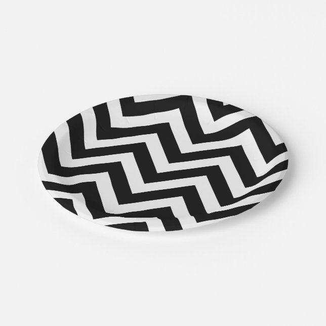 Black and White Large Size Chevron Stripes Paper Plates (Angled)
