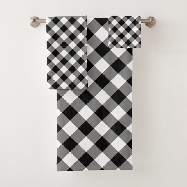 Black and White Large Size Diagonal Gingham Checks Bath Towel Set (Insitu)