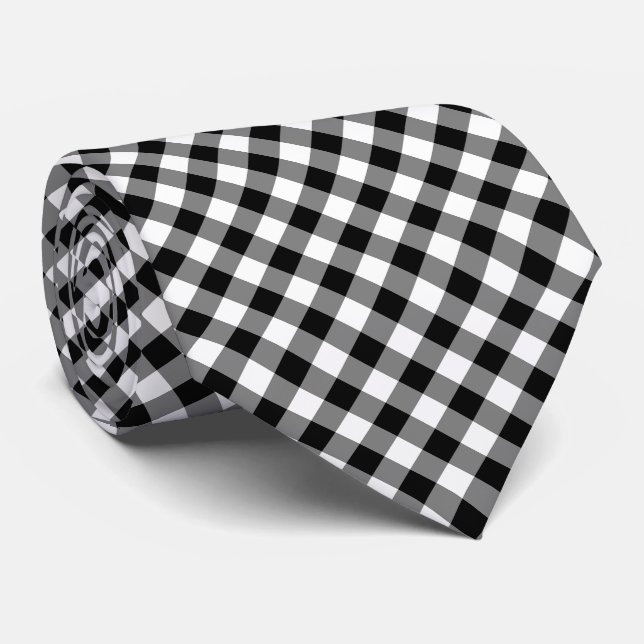 Black and White Large Size Diagonal Gingham Checks Neck Tie (Rolled)