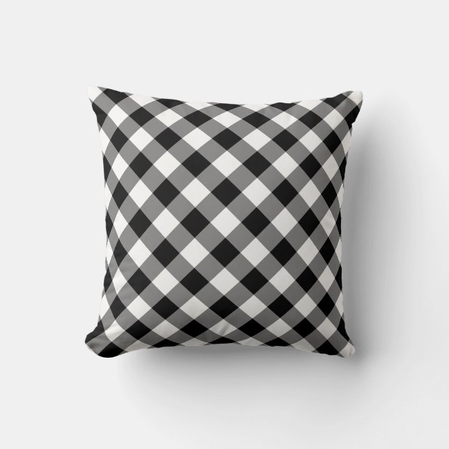 Black and White Large Size Diagonal Gingham Checks Throw Pillow (Front)