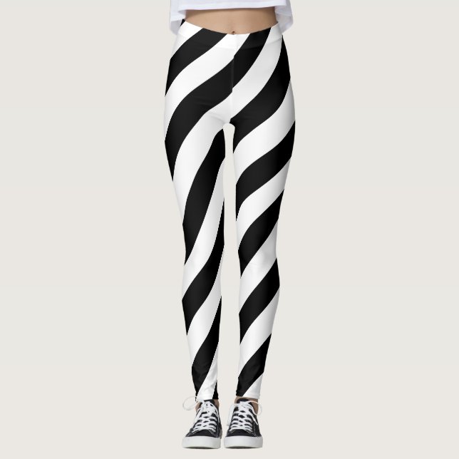 Black and White Large Size Diagonal Stripes Leggings (Front)