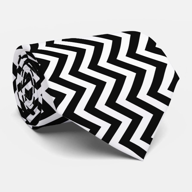 Black and White Large Size Vertical Chevron Neck Tie (Rolled)