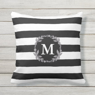 Black and White large Stripe  Monogrammed Pillow