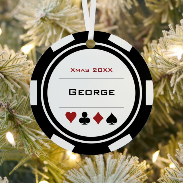 Black And White Las Vegas Poker Chip Christmas Metal Ornament (Insitu)