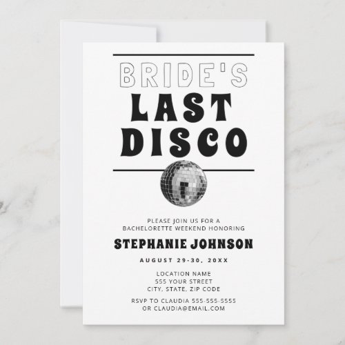Black and White Last Disco Bachelorette Weekend  Invitation
