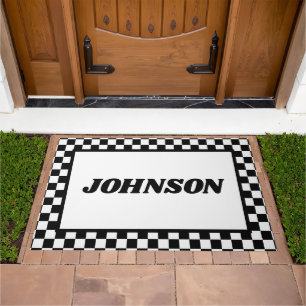 Black and White Last Name Doormat Checkered Design