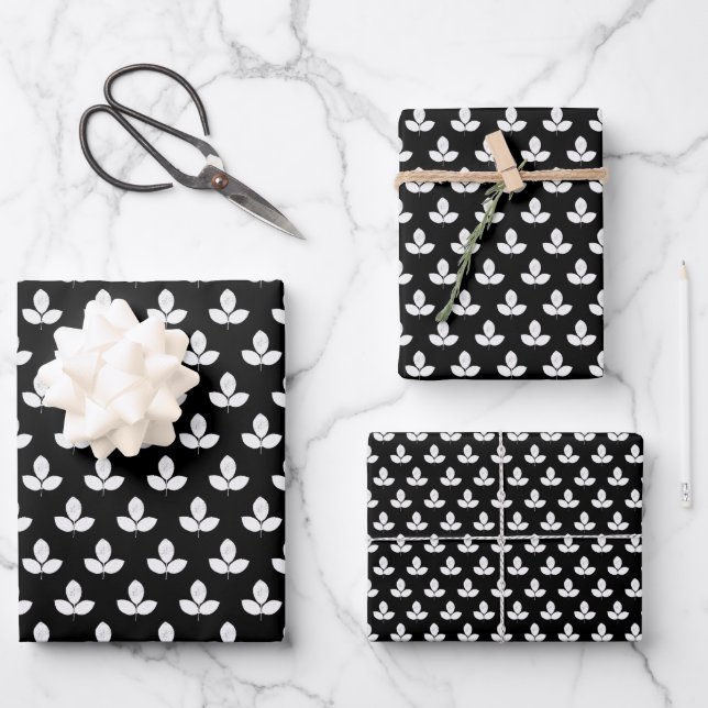 Black And White Laurel Leaf Wrapping Paper Sheets (Front)