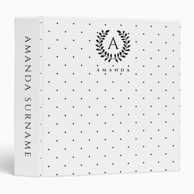 Black And White Laurel Monogram Polka Dot Pattern 3 Ring Binder (Front/Spine)