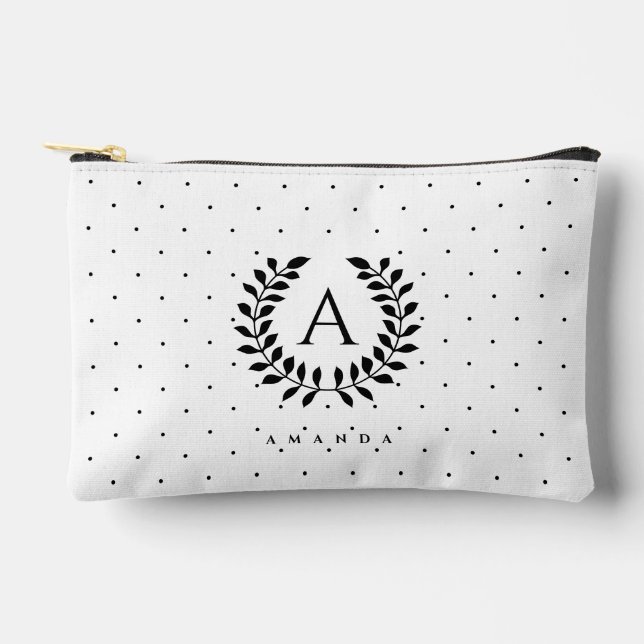 Black And White Laurel Monogram Polka Dot Pattern Accessory Pouch (Front)