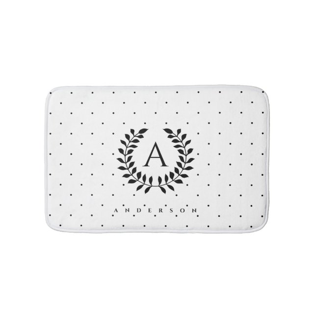 Black And White Laurel Monogram Polka Dot Pattern Bath Mat (Front)