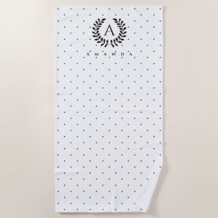 Black And White Laurel Monogram Polka Dot Pattern Beach Towel