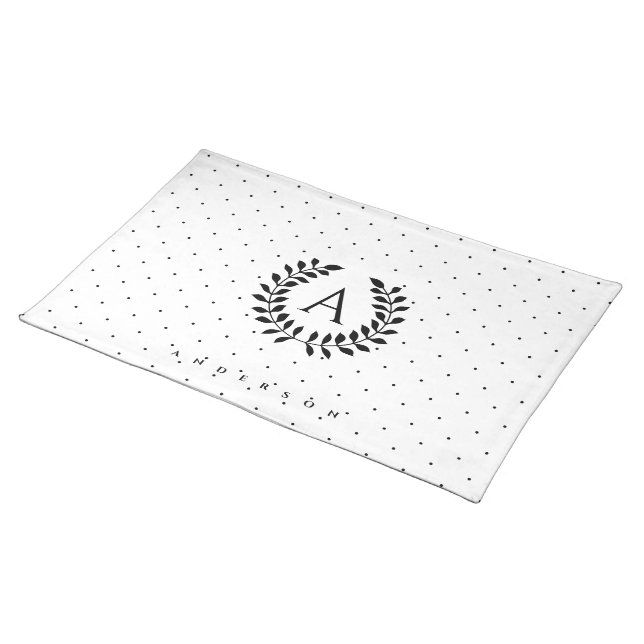 Black And White Laurel Monogram Polka Dot Pattern Cloth Placemat (On Table)
