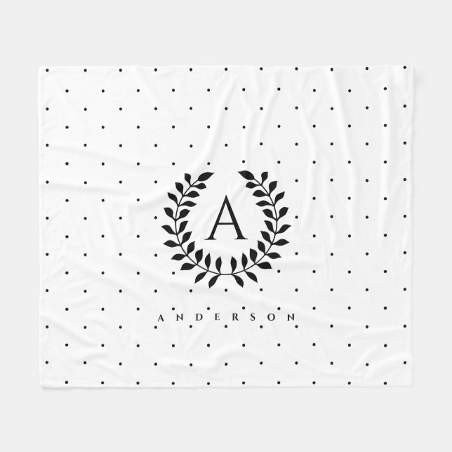 Black And White Laurel Monogram Polka Dot Pattern Fleece Blanket (Front (Horizontal))
