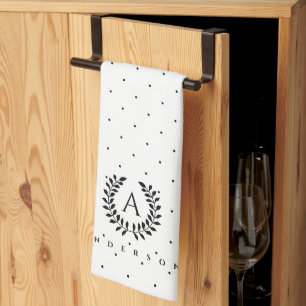Black And White Laurel Monogram Polka Dot Pattern Kitchen Towel