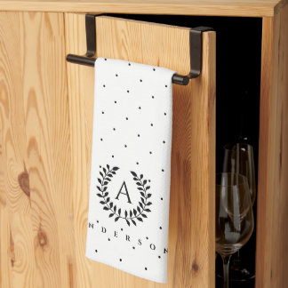 Black And White Laurel Monogram Polka Dot Pattern Kitchen Towel