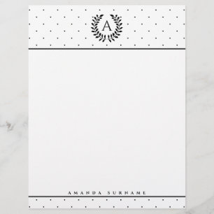 Black And White Laurel Monogram Polka Dot Pattern Letterhead