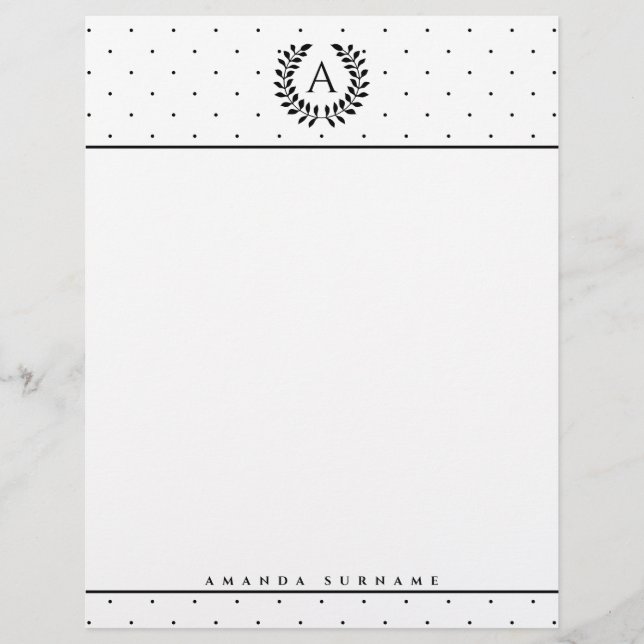 Black And White Laurel Monogram Polka Dot Pattern Letterhead (Front)