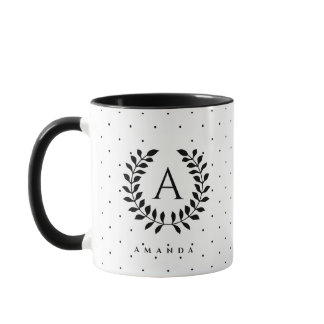Black And White Laurel Monogram Polka Dot Pattern Mug