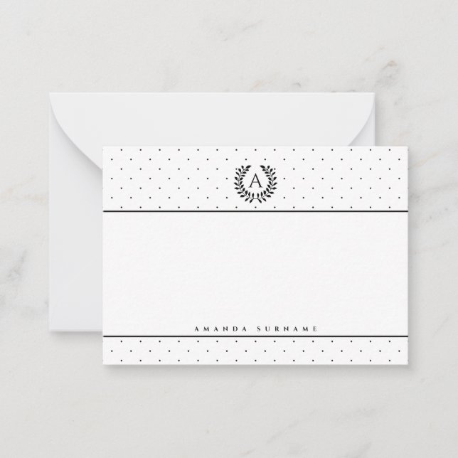 Black And White Laurel Monogram Polka Dot Pattern Note Card (Front)