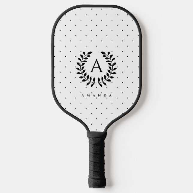 Black And White Laurel Monogram Polka Dot Pattern Pickleball Paddle (Front)