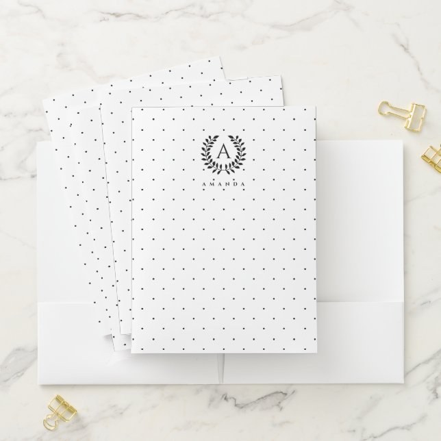 Black And White Laurel Monogram Polka Dot Pattern Pocket Folder (In Situ)