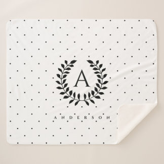 Black And White Laurel Monogram Polka Dot Pattern Sherpa Blanket