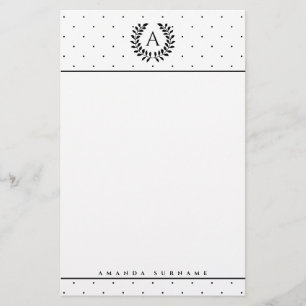 Black And White Laurel Monogram Polka Dot Pattern Stationery