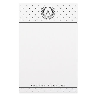 Black And White Laurel Monogram Polka Dot Pattern Stationery