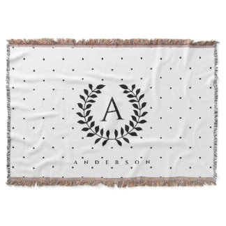 Black And White Laurel Monogram Polka Dot Pattern Throw Blanket
