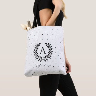 Black And White Laurel Monogram Polka Dot Pattern Tote Bag