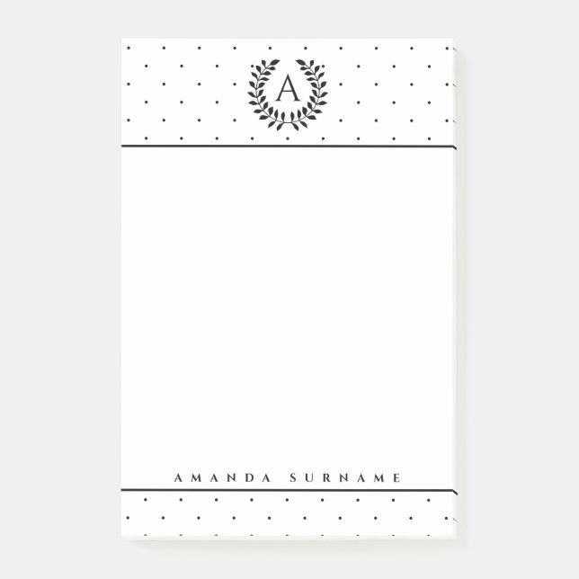 Black And White Laurel Monogram Tiny Polka Dots Post-it Notes (Front)