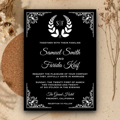 Black and White Laurel Monogram Wedding Invitation