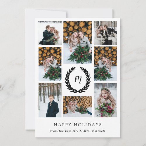 Black and White Laurel Wreath Photo Grid Christmas Holiday Card