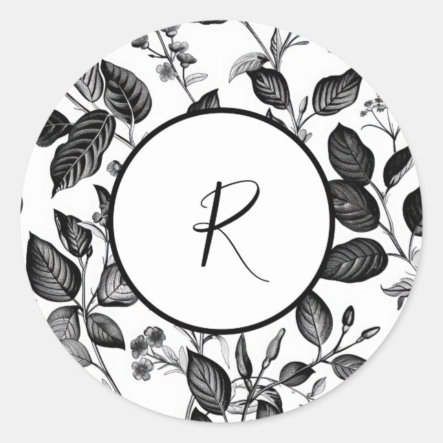 Black and white leaf design classic round sticker (Front)