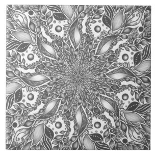 Black and white leaf mandala  ceramic tile