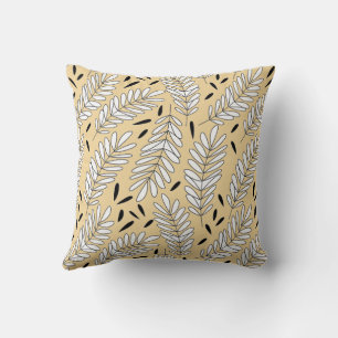 Black and white leaf pattern with beige background throw pillow