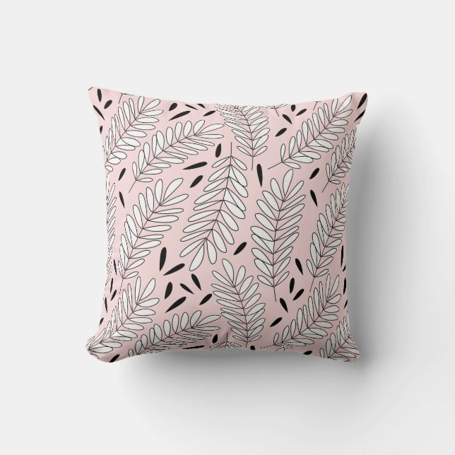Black and white leaf pattern with pink background throw pillow (Front)