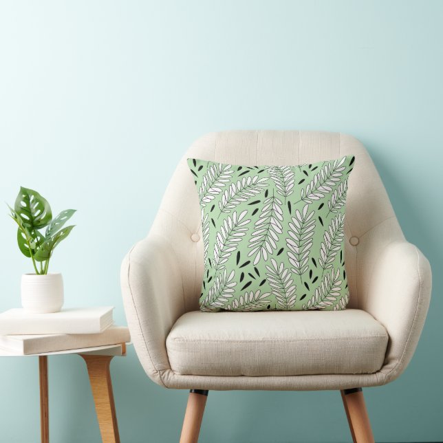 Black and white leaf pattern with sage background throw pillow (Chair)