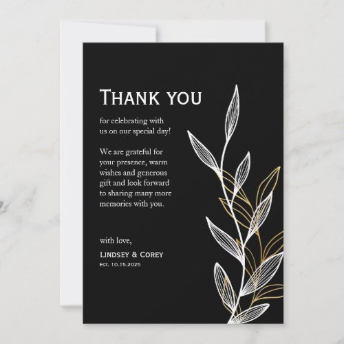 Black and White Leaf Thank You Card for Wedding