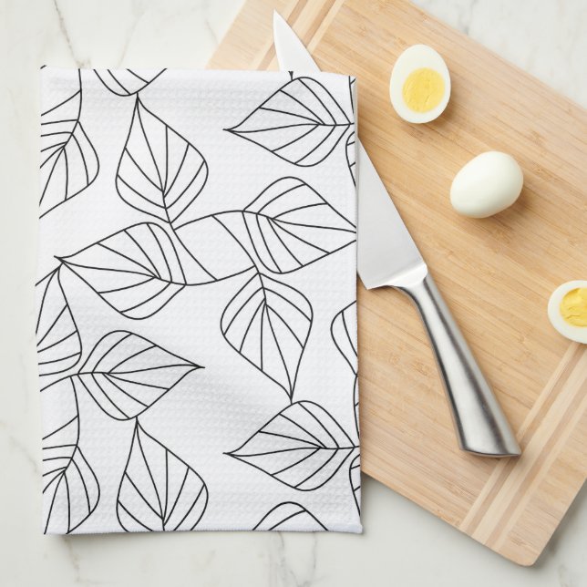 Black and white leaves. kitchen towel (Quarter Fold)