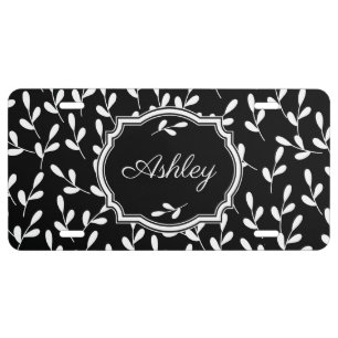 Black and White Leaves License Plate