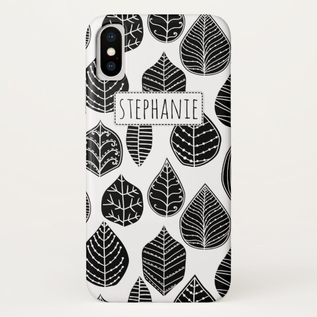 Black and white leaves pattern and name Case-Mate iPhone case (Back)