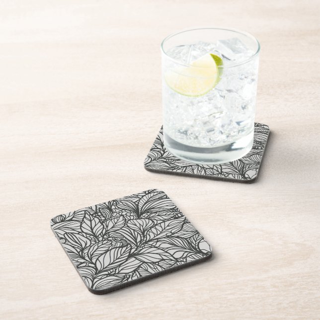 Black and White Leaves Pattern Beverage Coaster (Right Side)