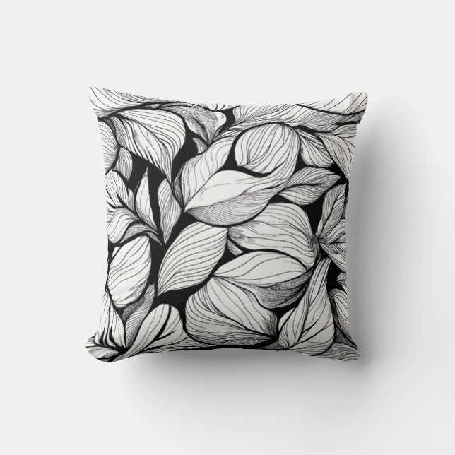 Black And White Leaves Pattern Throw Pillow (Front)
