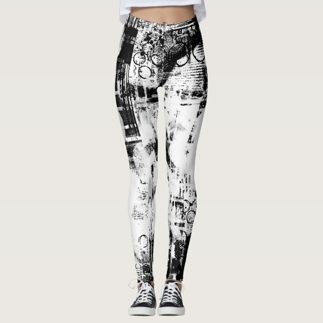 Black And White Leggings with Printed Graffiti Art (Front)