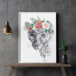 Black and White Leo in Flower Crown Animal Poster<br><div class="desc">Black and White Leo in Flower Crown Animal Poster</div>