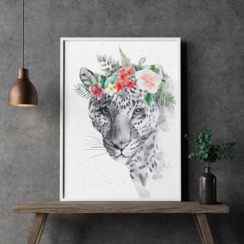 Black and White Leo in Flower Crown Animal Poster