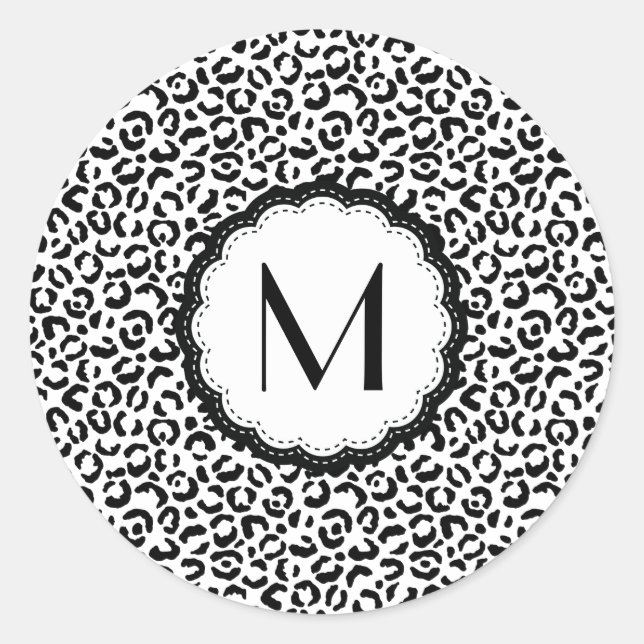 Black and White Leopard Monogram Classic Round Sticker (Front)